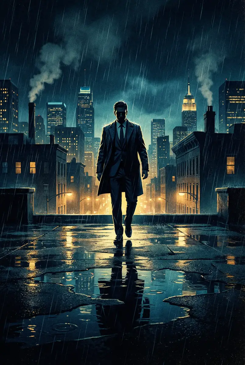 看片 出品影片《雨夜独行者》海报，雨中城市屋顶男性剪影